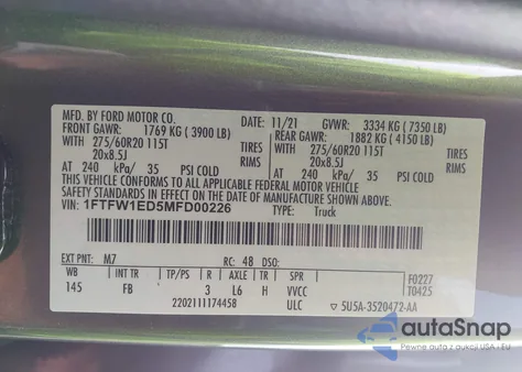 2021 Ford F-150 Xlt из США, поврежденный, VIN 1FTFW1ED5MFD00226